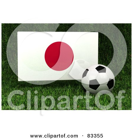 Royalty-Free (RF) Clipart Illustration of a 3d Soccer Ball Resting In The Grass In Front Of A Reflective Japan Flag by stockillustrations