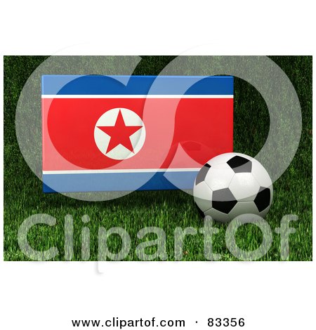 Royalty-Free (RF) Clipart Illustration of a 3d Soccer Ball Resting In The Grass In Front Of A Reflective North Korea Flag by stockillustrations