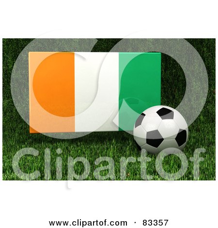 Royalty-Free (RF) Clipart Illustration of a 3d Soccer Ball Resting In The Grass In Front Of A Reflective Ivory Coast Flag by stockillustrations