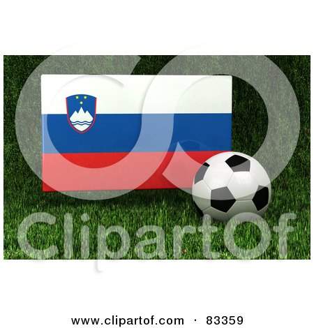 Royalty-Free (RF) Clipart Illustration of a 3d Soccer Ball Resting In The Grass In Front Of A Reflective Slovenia Flag by stockillustrations