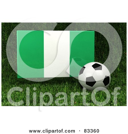 Royalty-Free (RF) Clipart Illustration of a 3d Soccer Ball Resting In The Grass In Front Of A Reflective Nigeria Flag by stockillustrations