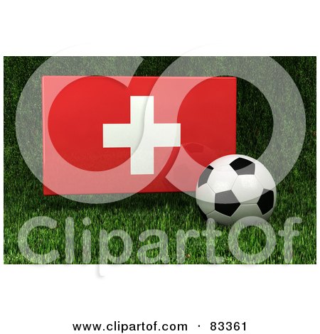 Royalty-Free (RF) Clipart Illustration of a 3d Soccer Ball Resting In The Grass In Front Of A Reflective Switzerland Flag by stockillustrations