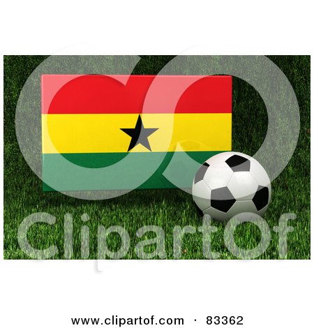 Royalty-Free (RF) Clipart Illustration of a 3d Soccer Ball Resting In The Grass In Front Of A Reflective Ghana Flag by stockillustrations