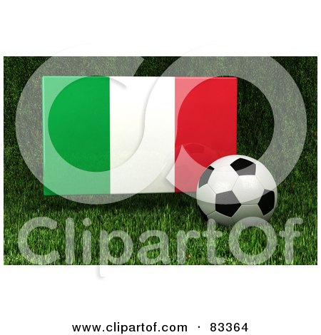 Royalty-Free (RF) Clipart Illustration of a 3d Soccer Ball Resting In The Grass In Front Of A Reflective Italy Flag by stockillustrations