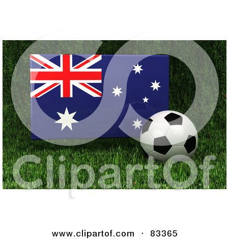 Royalty-Free (RF) Clipart Illustration of a 3d Soccer Ball Resting In The Grass In Front Of A Reflective Australia Flag by stockillustrations