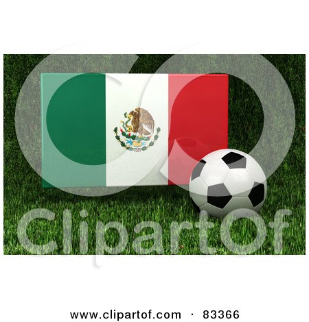Royalty-Free (RF) Clipart Illustration of a 3d Soccer Ball Resting In The Grass In Front Of A Reflective Mexico Flag by stockillustrations