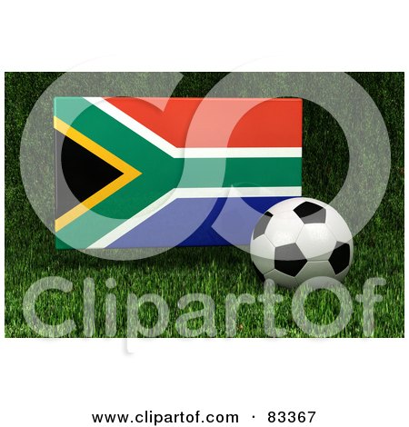 Royalty-Free (RF) Clipart Illustration of a 3d Soccer Ball Resting In The Grass In Front Of A Reflective South Africa Flag by stockillustrations