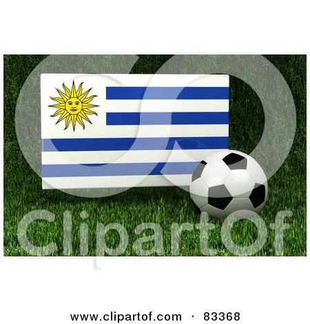 Royalty-Free (RF) Clipart Illustration of a 3d Soccer Ball Resting In The Grass In Front Of A Reflective Uruguay Flag by stockillustrations