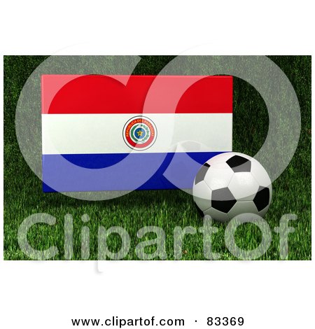 Royalty-Free (RF) Clipart Illustration of a 3d Soccer Ball Resting In The Grass In Front Of A Reflective Paraguay Flag by stockillustrations