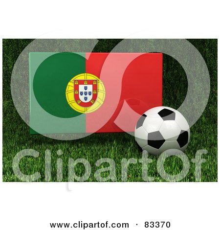 Royalty-Free (RF) Clipart Illustration of a 3d Soccer Ball Resting In The Grass In Front Of A Reflective Portugal Flag by stockillustrations
