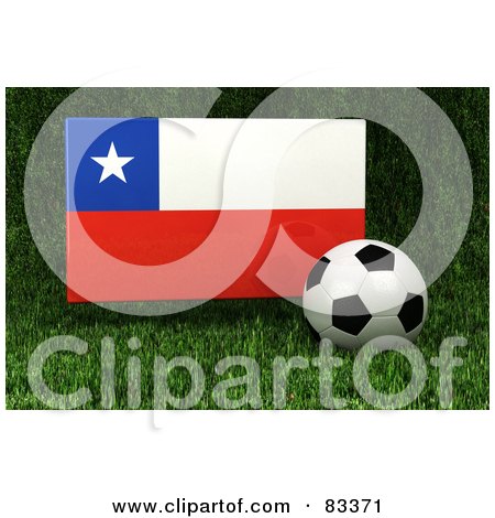 Royalty-Free (RF) Clipart Illustration of a 3d Soccer Ball Resting In The Grass In Front Of A Reflective Chile Flag by stockillustrations