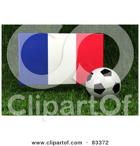 Royalty-Free (RF) Clipart Illustration of a 3d Soccer Ball Resting In The Grass In Front Of A Reflective France Flag by stockillustrations