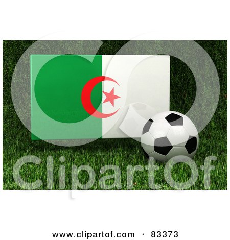 Royalty-Free (RF) Clipart Illustration of a 3d Soccer Ball Resting In The Grass In Front Of A Reflective Algeria Flag by stockillustrations