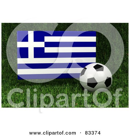 Royalty-Free (RF) Clipart Illustration of a 3d Soccer Ball Resting In The Grass In Front Of A Reflective Greece Flag by stockillustrations