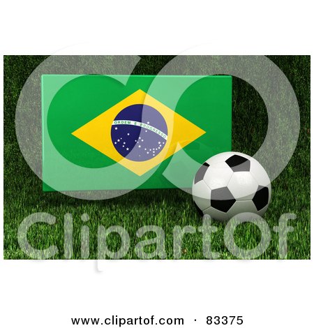 Royalty-Free (RF) Clipart Illustration of a 3d Soccer Ball Resting In The Grass In Front Of A Reflective Brazil Flag by stockillustrations