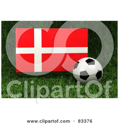 Royalty-Free (RF) Clipart Illustration of a 3d Soccer Ball Resting In The Grass In Front Of A Reflective Denmark Flag by stockillustrations
