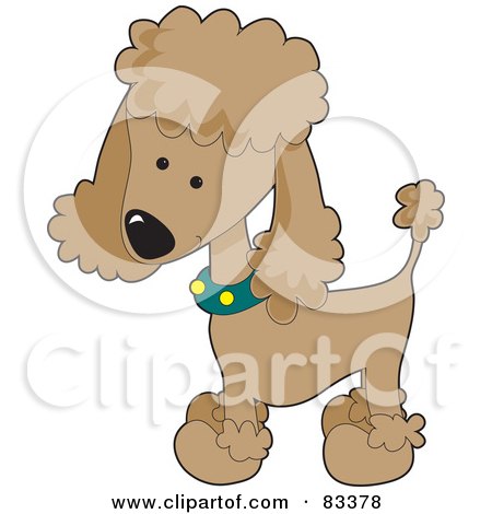 Royalty-Free (RF) Clipart Illustration of a Cute Apricot Poodle Puppy Dog Wearing A Green Collar With Yellow Spots And Sporting A Puppy Clip by Maria Bell