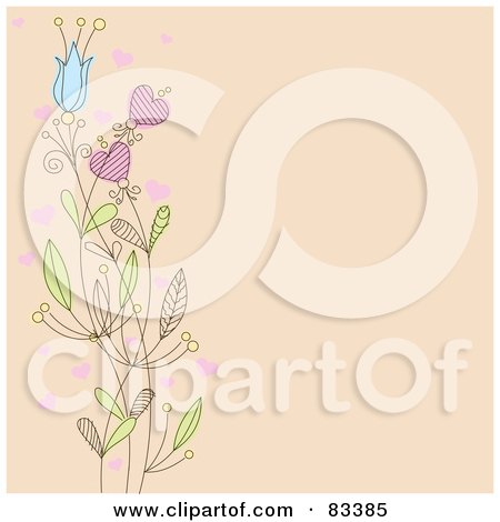 Royalty-Free (RF) Clipart Illustration of a Beige Background With A Left Border Of Flowers And Hearts by Pushkin