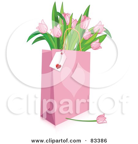 Royalty-Free (RF) Clipart Illustration of a Blank Tag On A Pink Heart Shopping Bag Full Of Pink Tulips by Pushkin
