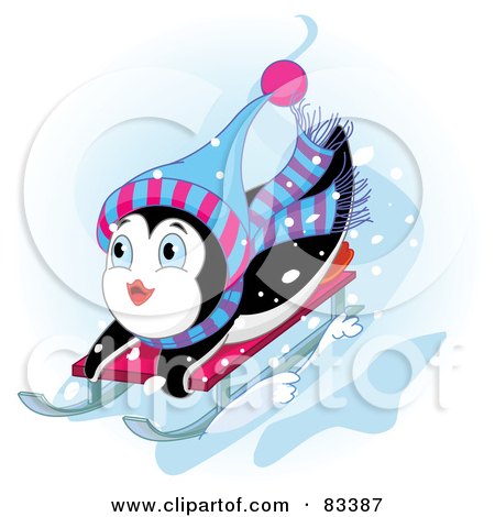 Royalty-Free (RF) Clipart Illustration of a Cute Penguin Looking Up While Sledding Down A Hill In The Snow by Pushkin
