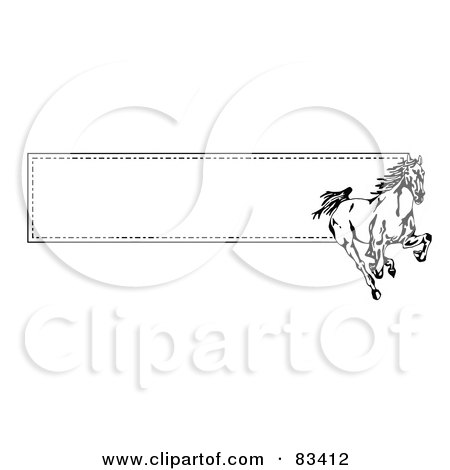 Royalty-Free (RF) Clipart Illustration of a Running Wild Black And White Horse Over A Website Banner With A Border Of Stitching by C Charley-Franzwa