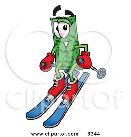 Clipart Picture of a Dollar Bill Mascot Cartoon Character Skiing Downhill by Mascot Junction