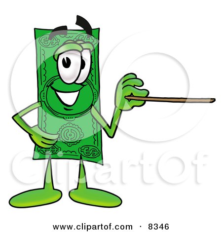 Clipart Picture of a Dollar Bill Mascot Cartoon Character Holding a Pointer Stick by Mascot Junction