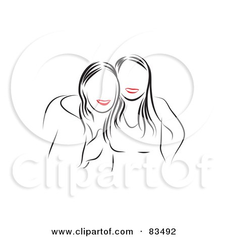 Royalty-Free (RF) Clipart Illustration of a Line Drawing Of Red Lipped Female Girlfriends Smiling by Prawny