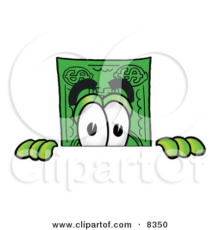 Clipart Picture of a Dollar Bill Mascot Cartoon Character Peeking Over a Surface by Mascot Junction