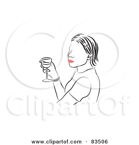 Royalty-Free (RF) Clipart Illustration of a Line Drawing Of A Red Lipped Woman Holding A Glass Of Wine by Prawny
