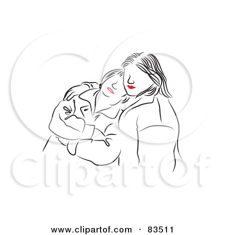 Royalty-Free (RF) Clipart Illustration of a Line Drawing Of Red Lipped Female Friends Embracing by Prawny