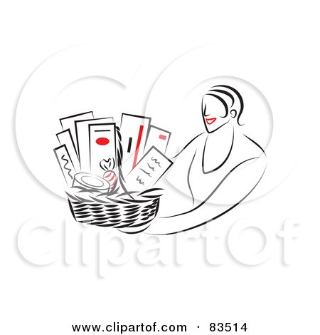 Royalty-Free (RF) Clipart Illustration of a Line Drawing Of A Red Lipped Woman Holding Out A Gift Basket by Prawny