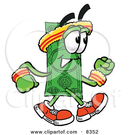 Clipart Picture of a Dollar Bill Mascot Cartoon Character Speed Walking or Jogging by Mascot Junction