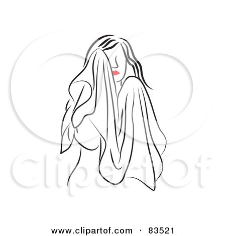 Royalty-Free (RF) Clipart Illustration of a Line Drawing Of A Red Lipped Woman Drying Her Face With A Towel - Pose 2 by Prawny