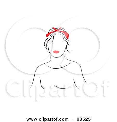 Royalty-Free (RF) Clipart Illustration of a Line Drawing Of A Red Lipped Woman Wearing A Ribbon In Her Hair by Prawny