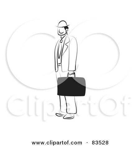Royalty-Free (RF) Clipart Illustration of a Black And White Line Drawing Of A Businessman With A Briefcase by Prawny