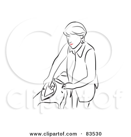 Royalty-Free (RF) Clipart Illustration of a Line Drawn Woman With Red Lips, Ironing Clothes - Version 1 by Prawny