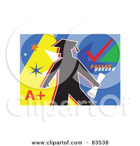 Royalty-Free (RF) Clipart Illustration of a Silhouetted Grad With Diploma Over Blue And Yellow by Prawny