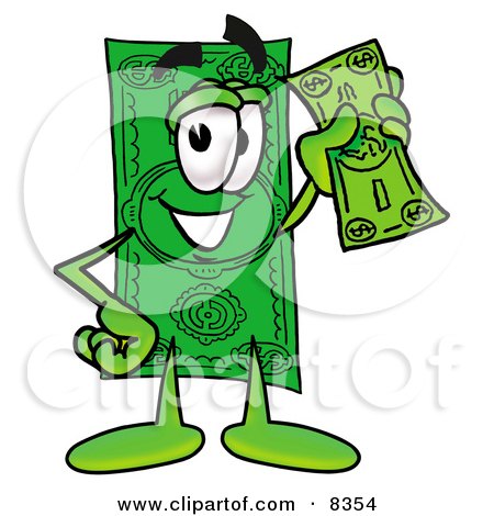 Clipart Picture of a Dollar Bill Mascot Cartoon Character Holding a Dollar Bill by Mascot Junction