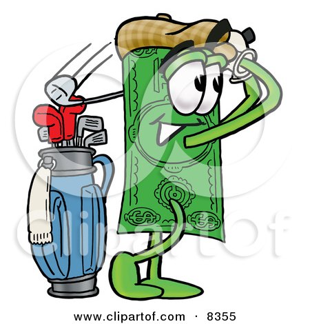 Clipart Picture of a Dollar Bill Mascot Cartoon Character Swinging His Golf Club While Golfing by Mascot Junction