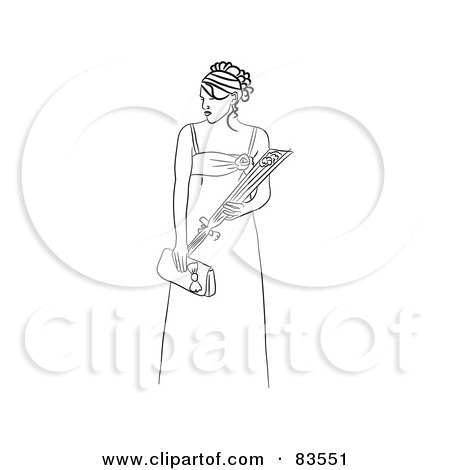 Royalty-Free (RF) Clipart Illustration of a Black And White Line Drawn Prom Queen Carrying Flowers by Prawny