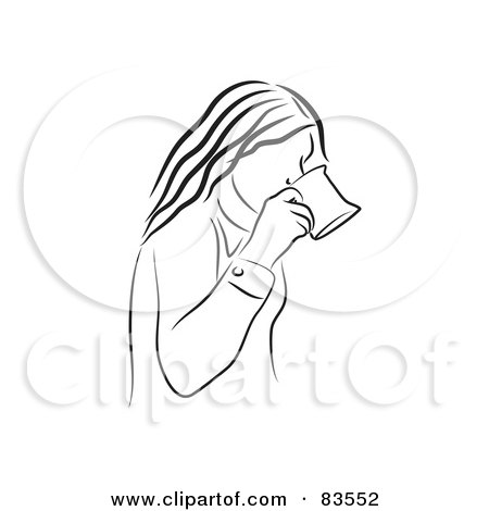 Royalty-Free (RF) Clipart Illustration of a Black And White Line Drawing Of A Woman Sipping Coffee by Prawny