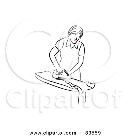 Royalty-Free (RF) Clipart Illustration of a Line Drawn Woman With Red Lips, Ironing Clothes - Version 2 by Prawny