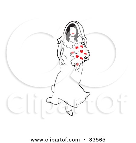 Royalty-Free (RF) Clipart Illustration of a Line Drawing Bride Walking Down The Aisle With A Bouquet Of Red Flowers by Prawny