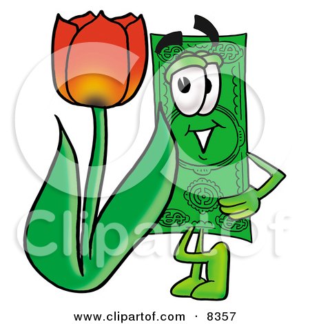 Clipart Picture of a Dollar Bill Mascot Cartoon Character With a Red Tulip Flower in the Spring by Mascot Junction