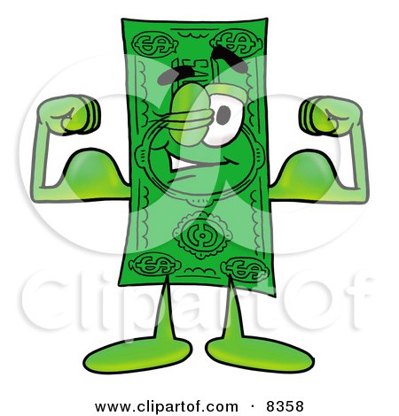 Clipart Picture of a Dollar Bill Mascot Cartoon Character Flexing His Arm Muscles by Mascot Junction