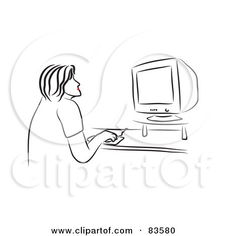 Royalty-Free (RF) Clipart Illustration of a Line Drawing Of A Red Lipped Woman Using A Desktop Computer by Prawny
