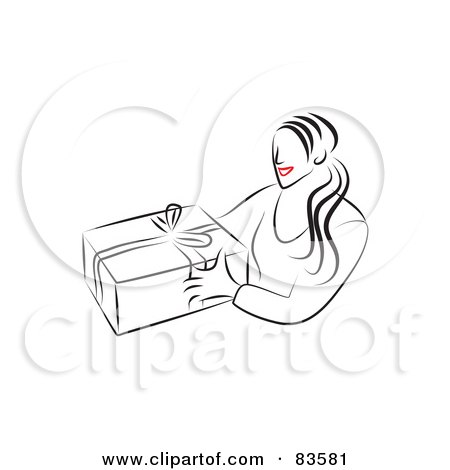 Royalty-Free (RF) Clipart Illustration of a Line Drawing Of A Red Lipped Woman Giving A Gift by Prawny