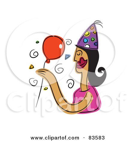 Royalty-Free (RF) Clipart Illustration of a Happy Birthday Woman Holding A Balloon And Wearing A Party Hat by Prawny