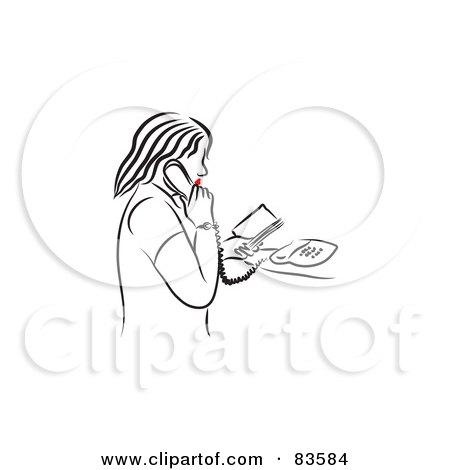 Royalty-Free (RF) Clipart Illustration of a Line Drawing Of A Red Lipped Woman Talking On A Telephone by Prawny